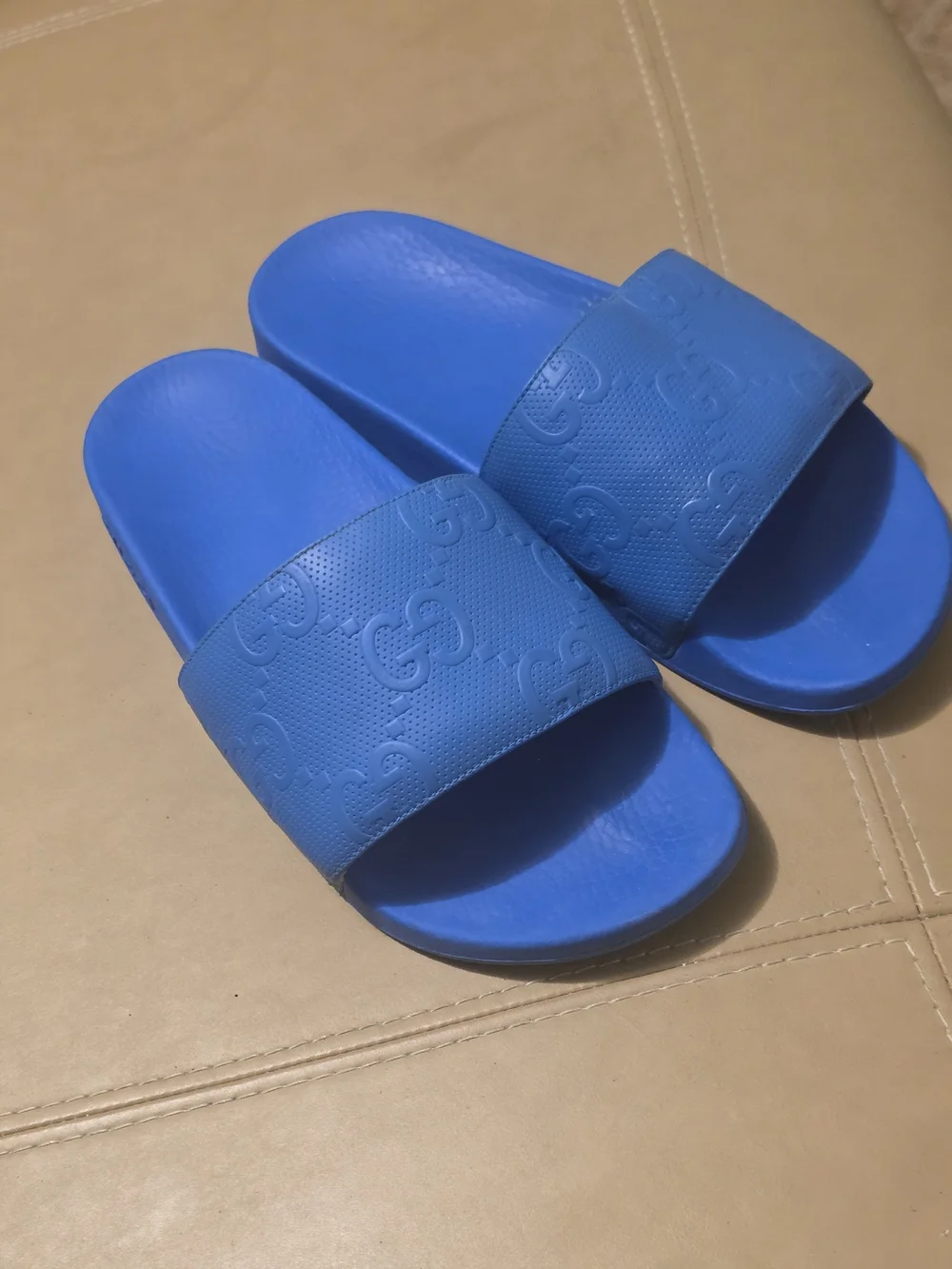 Gucci Bright Blue Rubber Slide Sandals - Women's GG Embossed Strap